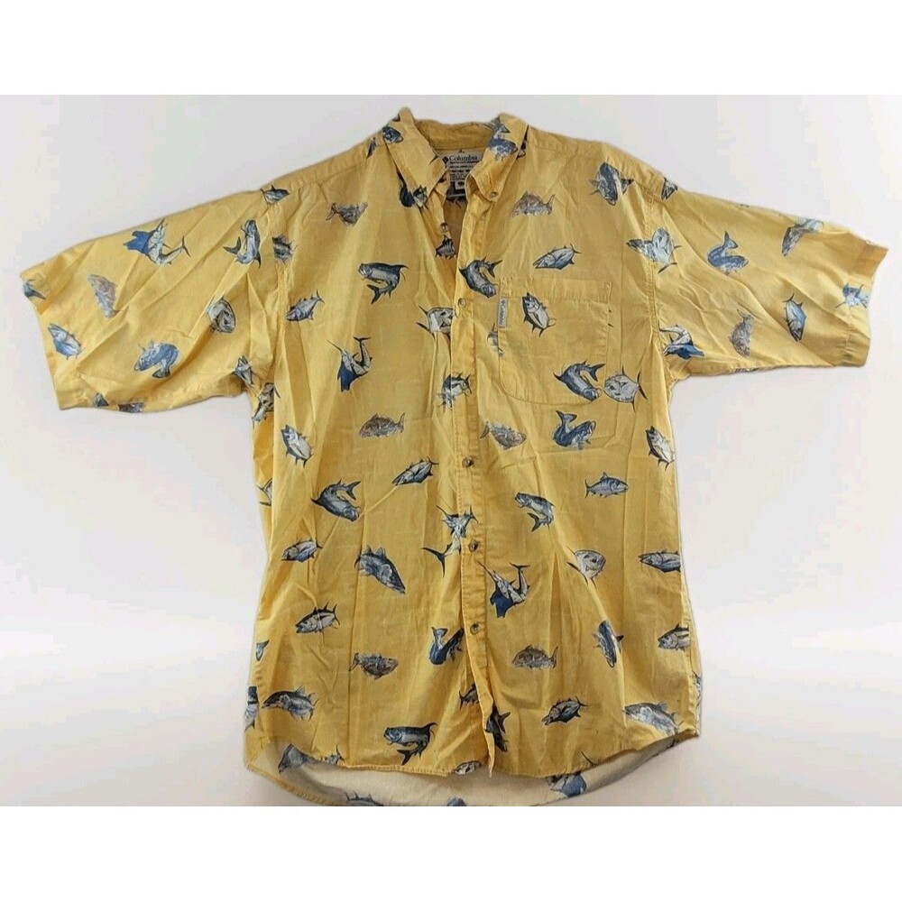Columbia Sportswear Shirt Mens Large Tall Yellow Fish Short Sleeve Button Up VTG